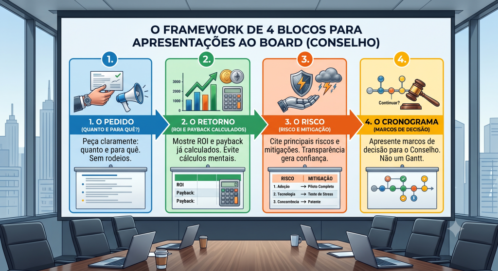 Infográfico para apresentar ROI de tecnologia e ROI de IA para o board. Guia de ROI tecnologia board executivo com métricas CFO 2026.