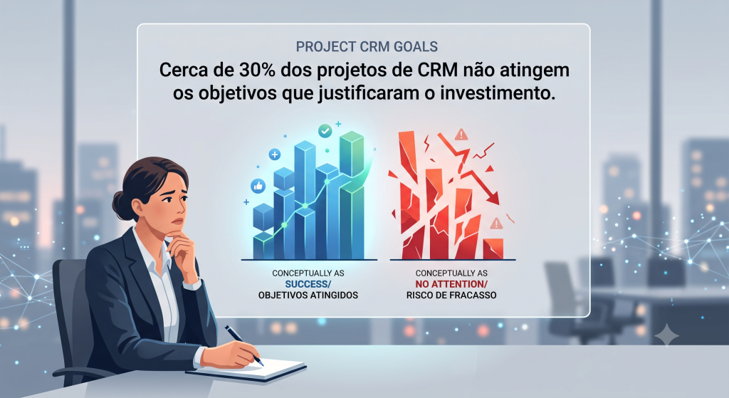 Infográfico conceitual sobre o retorno de investimento em Salesforce. À esquerda, um gráfico ascendente de sucesso representa os projetos com governança desde o dia 1 e integração planejada. À direita, um gráfico quebrado ilustra os 30% de projetos de CRM que falham e onde o Salesforce não retorna o esperado por falta de alinhamento de processos e dados.