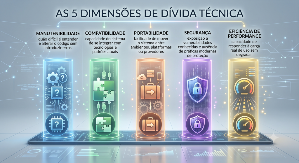 as 5 dimensões de dívida técnica: Manutenibilidade, Compatibilidade, Portabilidade, Segurança e Eficiência de Performance, exibidas em colunas digitais iluminadas com ícones explicativos. A estrutura visual representa a base técnica para medir, priorizar e reduzir a dívida técnica com dados e métricas reais, substituindo opiniões de corredor por impacto financeiro no negócio.