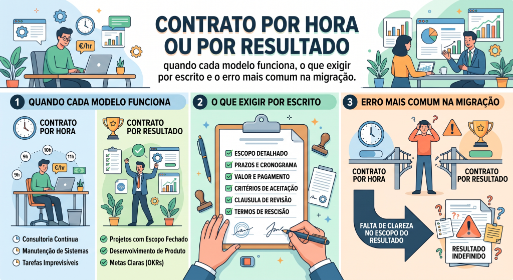 comparando contrato por hora ou por resultado: quando escolher cada modelo, cláusulas obrigatórias e o erro mais comum na migração.