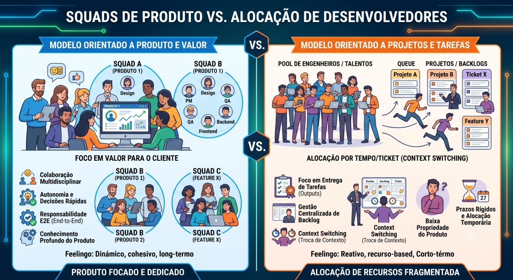 nfográfico comparativo sobre modelos de gestão de TI: o lado esquerdo exibe o modelo de Squads de Produto, focado em valor, colaboração contínua e times multidisciplinares; o lado direito mostra a Alocação Tradicional de Desenvolvedores, dividida em projetos e tickets com frequente troca de contexto.