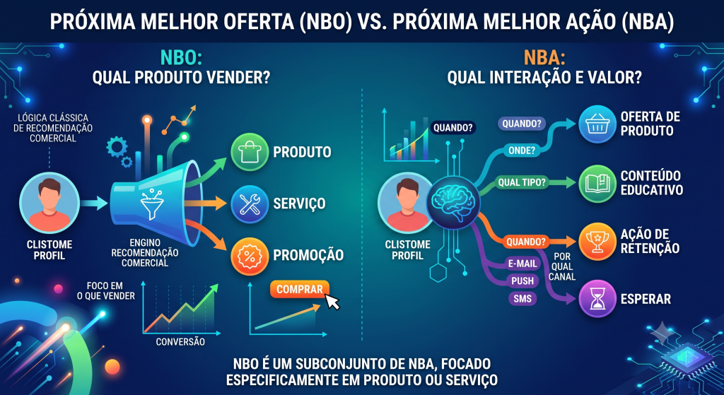 nfográfico comparando NBO e NBA. Mostra NBO focado em qual produto vender e NBA abrangendo ações como oferta, conteúdo, retenção ou espera.