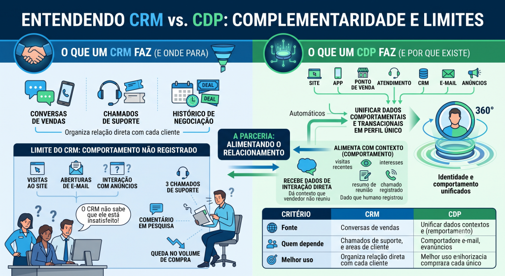 Infográfico comparando CRM e CDP. Mostra o CRM focado em interações diretas e manuais e o CDP unificando dados comportamentais de múltiplos canais.