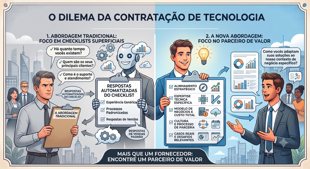 Consultoria de tecnologia: O lado esquerdo, 'Abordagem Tradicional', foca em checklists superficiais de vendas com perguntas genéricas e respostas automáticas, representadas por um executivo e um robô. O lado direito, 'Nova Abordagem', foca em valor profundo, alinhamento estratégico e análise de dados complexos, com dois executivos modernos e um checklist de valor detalhado, incluindo a pergunta 'Como vocês adaptam suas soluções ao nosso contexto de negócio específico?'. O rodapé conclui: 'Mais que um fornecedor: encontre um parceiro de valor'.