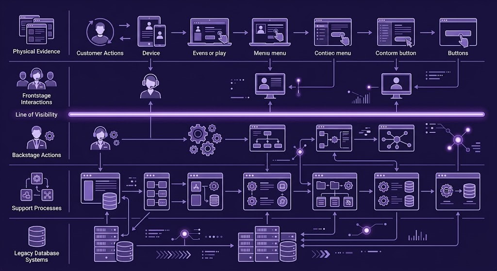 Representação gráfica de um Service Blueprint Corporativo conectando a jornada do cliente aos sistemas e bastidores operacionais.