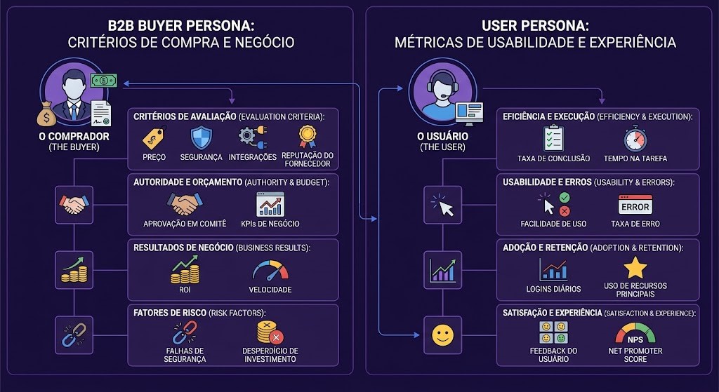 User persona vs Buyer Persona, infográfico comparativo de critérios de sucesso entre o comprador executivo e o operador do sistema.