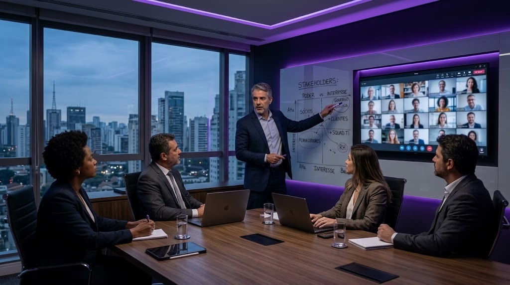 Reunião de governança de TI C-level apresentando uma matriz de stakeholders ti e matriz de engajamento corporativa para o alinhamento de stakeholders enterprise e gerenciamento de expectativas ti.