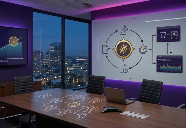 Sala de reunião executiva com painéis exibindo o alinhamento estrategico de ti e o alinhamento entre TI e negocios através de indicadores de ti e negocios, okrs de TI e kpis de produto digital.