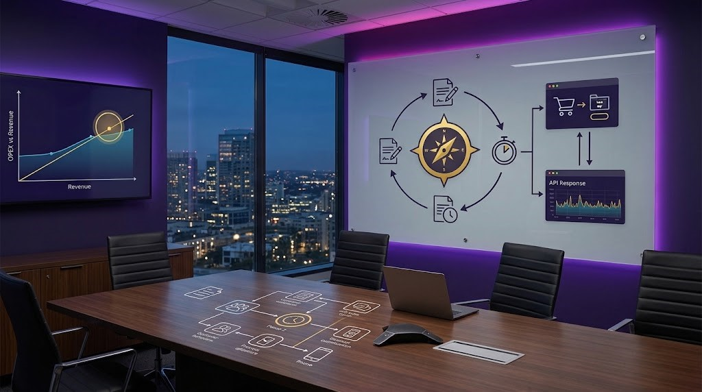 Sala de reunião executiva com painéis exibindo o alinhamento estrategico de ti e o alinhamento entre TI e negocios através de indicadores de ti e negocios, okrs de TI e kpis de produto digital.