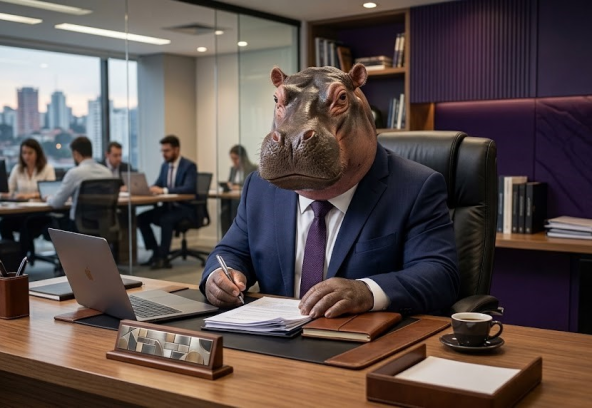 Representação conceitual do efeito hippo em projetos através de um executivo hipopótamo em ambiente corporativo, abordando o impacto dos palpites do C-level em TI na tomada de decisao em TI e como mitigar riscos em projetos de ti.