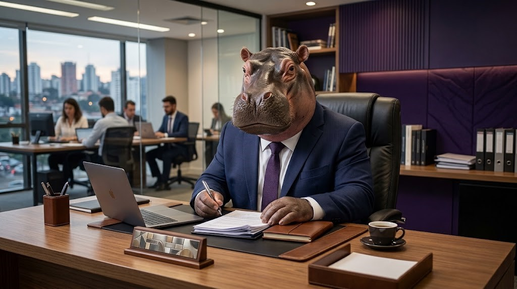 Representação conceitual do efeito hippo em projetos através de um executivo hipopótamo em ambiente corporativo, abordando o impacto dos palpites do C-level em TI na tomada de decisao em TI e como mitigar riscos em projetos de ti.