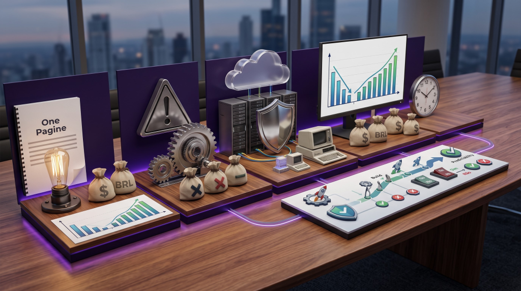 Maquete 3D corporativa representando as 5 etapas de um business case de ti como fazer, destacando a justificativa financeira de TI e a defesa de orcamento de ti para a aprovacao de projetos de ti c-level.