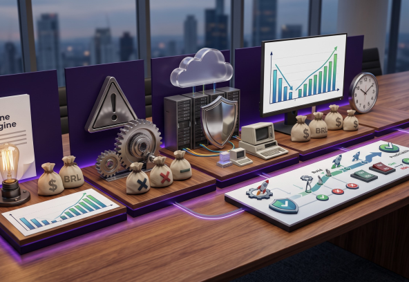 Hero artigo 1.3 Maquete 3D corporativa representando as 5 etapas de um business case de ti como fazer, destacando a justificativa financeira de TI e a defesa de orcamento de ti para a aprovacao de projetos de ti c-level.