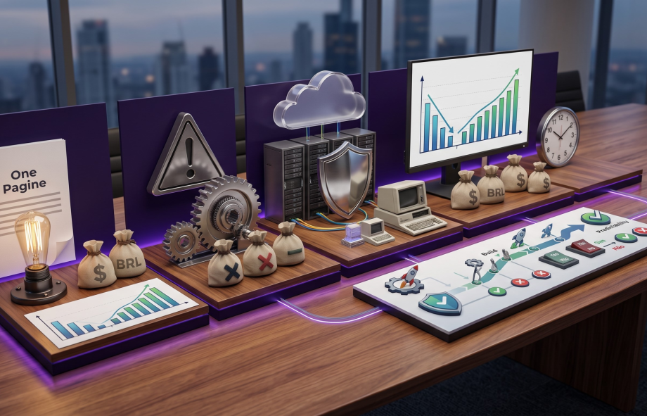 Maquete 3D corporativa representando as 5 etapas de um business case de ti como fazer, destacando a justificativa financeira de TI e a defesa de orcamento de ti para a aprovacao de projetos de ti c-level.