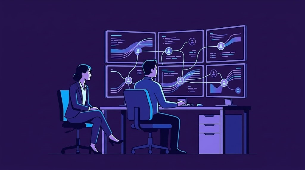 Ilustração de UX Research B2B mostrando pesquisador conduzindo entrevista contextual com operador enterprise em ambiente multi-monitor.