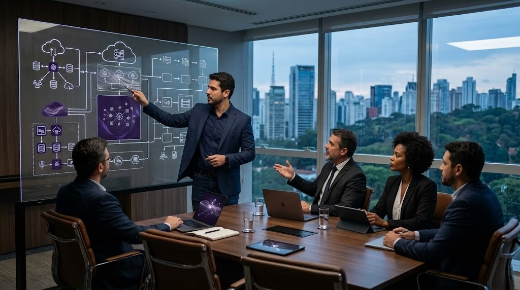 Uma equipe de TI e stakeholders de negócios se reúnem em uma sala de conferências moderna para discutir o escopo de projetos de ti. Um líder de TI de pé apresenta um diagrama de arquitetura de rede detalhado em uma tela transparente para um grupo sentado, ilustrando o processo para garantir o alinhamento de expectativas enterprise e gerenciar a matriz de stakeholders ti de forma eficaz.